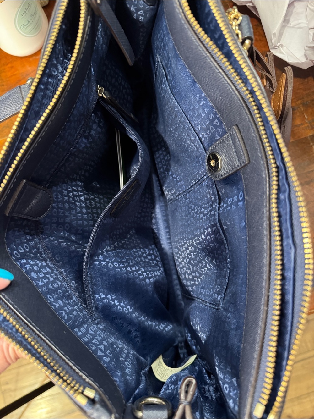 kate spade navy tote with brown and cream dog charm - Picture 9 of 15